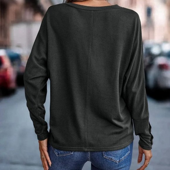 BATWING BUTTON SLEEVE TOP FALL WINTER CASUAL - Picture 3 of 4
